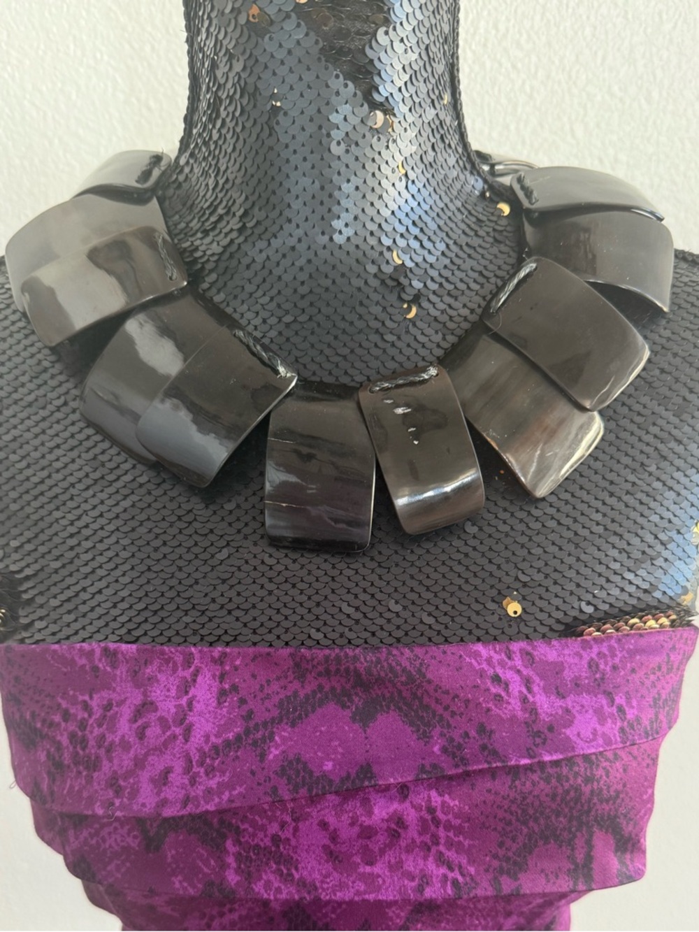 Donna Karan Vintage 1990’s Black Necklace Made Of Distressed Ebony Wood